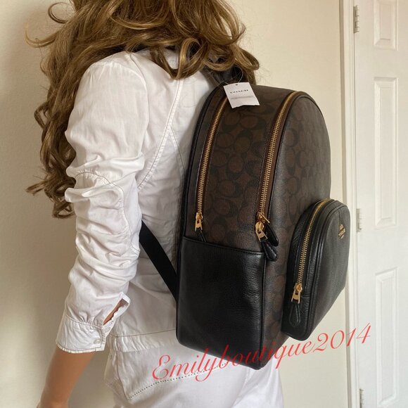 NWT Coach 6495 Large Court Backpack In Signature Canvas Brown Black Leather Bag - Picture 5 of 11